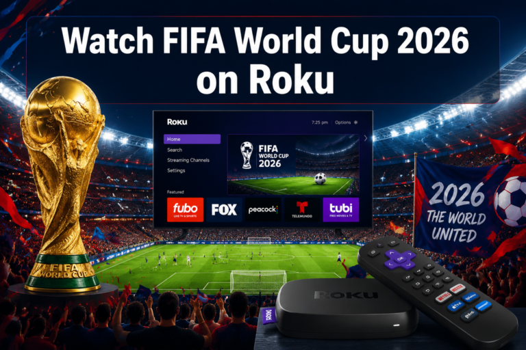 Professional () hero image featuring 'Watch FIFA World Cup 2026 on Roku' in extra large white with dark semi-transparent