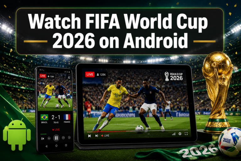 Professional () hero image featuring 'Watch FIFA World Cup 2026 on Android' in extra large white with dark semi-transparent