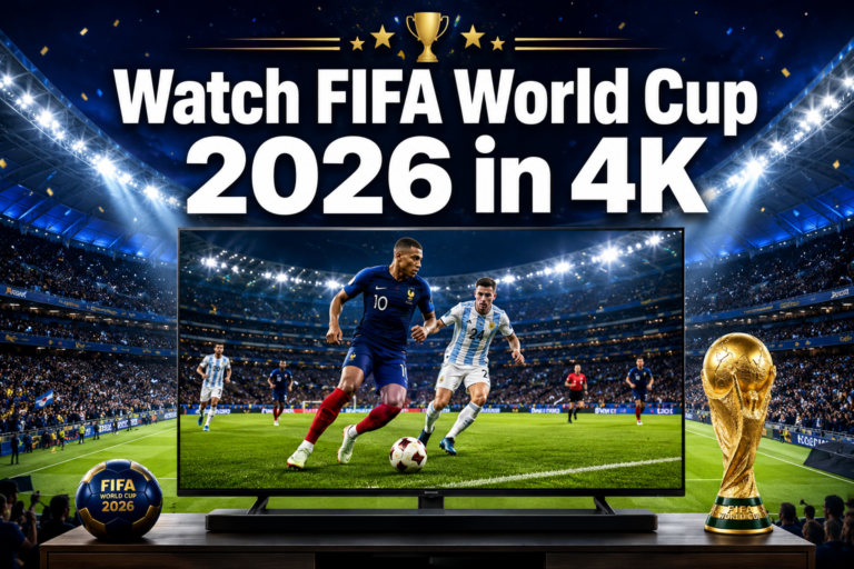Professional () hero image featuring 'Watch FIFA World Cup 2026 in 4K' in extra large white with dark drop , centered in