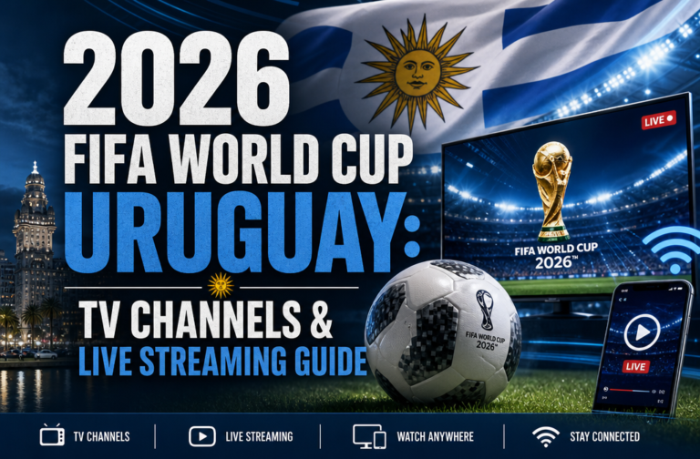 "2026 FIFA World Cup Uruguay: TV Channels & Live Streaming Guide". Modern design, , , aesthetic. Background imagery relevant