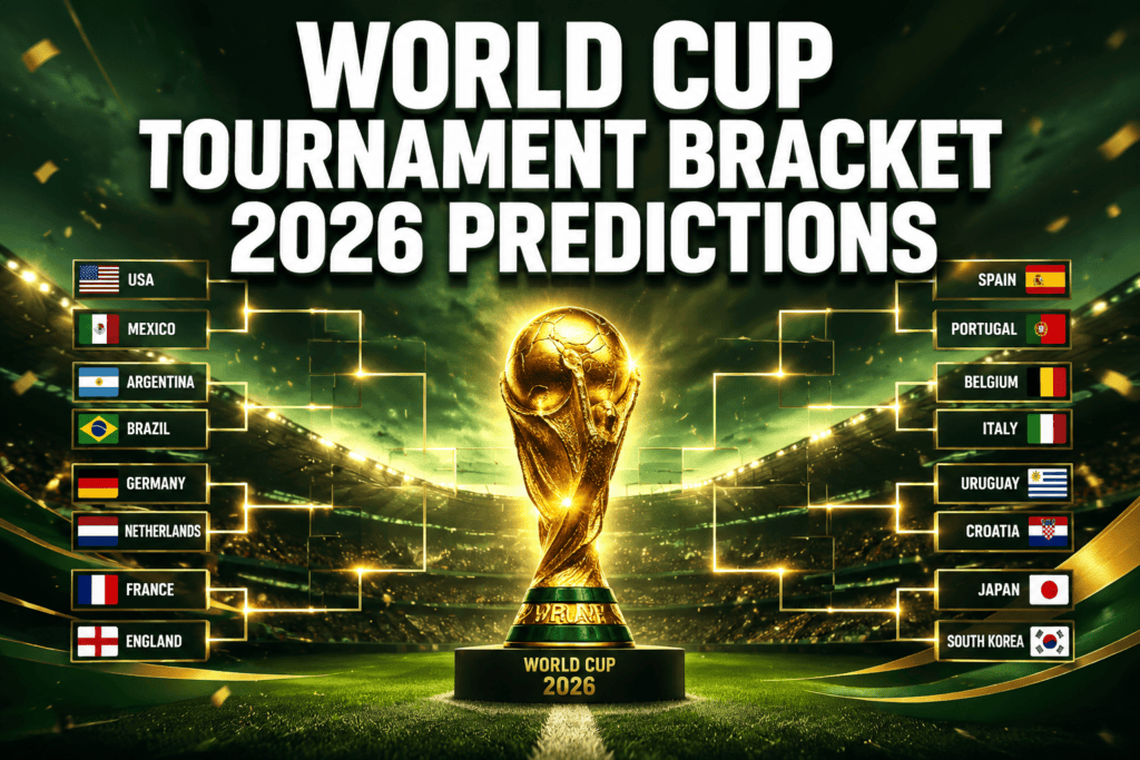 Current image: Professional () hero image featuring 'World Cup Tournament Bracket 2026 Predictions' in extra large white with dark ,