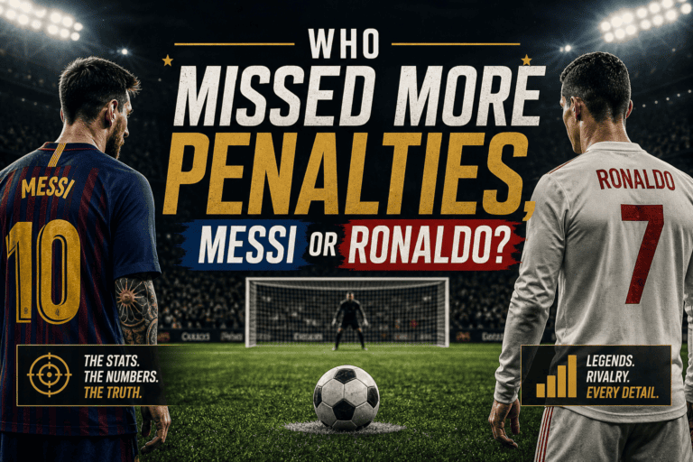 "Who Missed More Penalties, Maessi or Ronaldo?". Modern design, , , aesthetic. Background imagery relevant to: Who Missed
