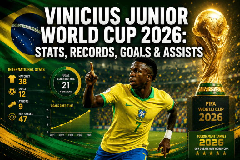 Professional () hero image featuring 'Vinicius Junior World Cup 2026: Stats, Records, Goals & Assists' in extra large white